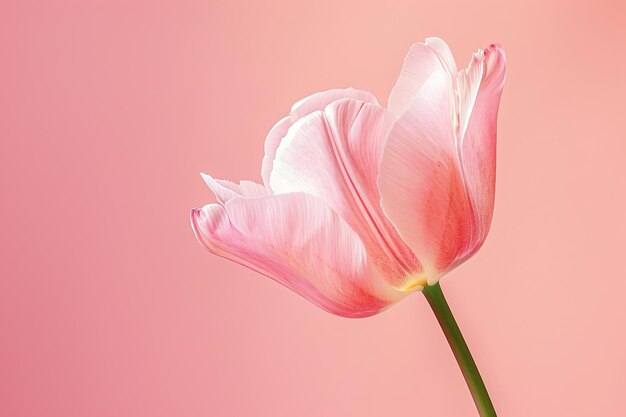 Un suave tulipán rosa florece con gracia mostrando sus pétalos que reflejan la luz y el tallo verde en un rosa