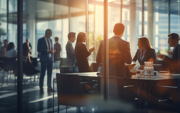 Suave turva de pessoas reunidas à mesa, empresários conversando em um escritório moderno