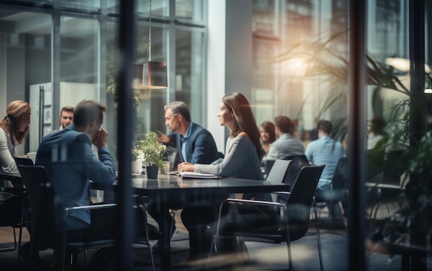 Suave turva de pessoas reunidas à mesa, empresários conversando em um escritório moderno