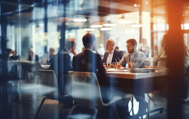 Suave turva de pessoas reunidas à mesa, empresários conversando em um escritório moderno