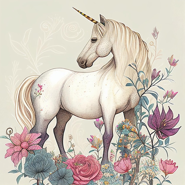 Suave unicornio en el fondo de las flores AI generativa