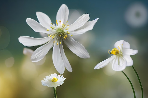 Suaves flores blancas que crecen en el campo sobre fondo borroso