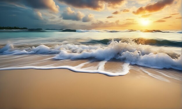 Suaves olas del mar en la playa de arena al atardecer