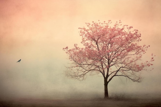 Foto suaves tons pastel de uma árvore em flor contra um céu de primavera e sol rosa