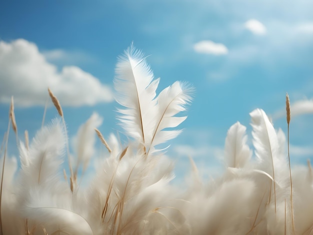 Suavidad abstracta hierba de plumas blancas con fondo azul cielo retro