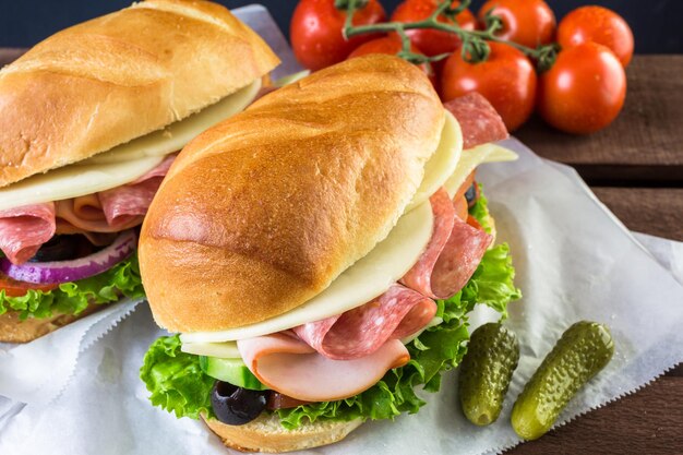 Sub sanduíche com legumes frescos, carne de almoço e queijo no pão hoagie.