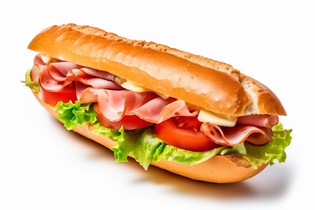 un sub sándwich con carne, lechuga, tomate y queso