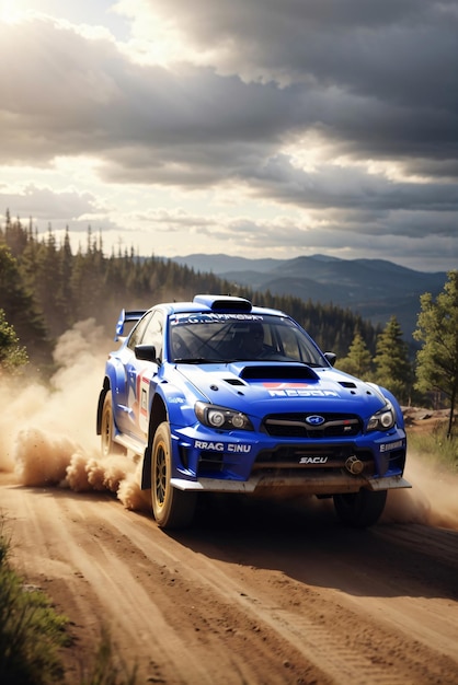 Subaru-Rallye-Auto springt auf eine Schotterstrecke