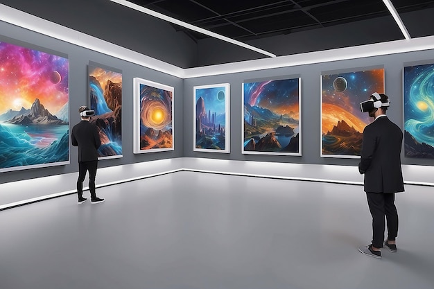 Foto subasta de arte futurista mockup de galería de realidad virtual con ofertas y actualizaciones en tiempo real