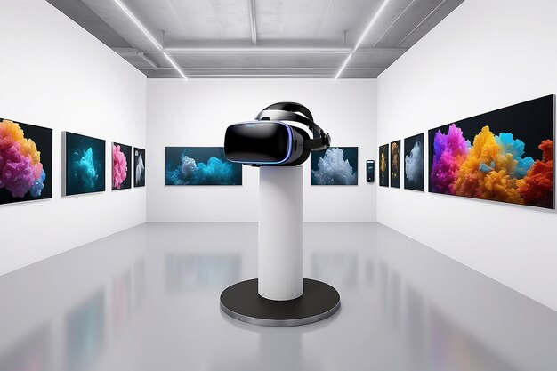 Foto subasta de arte futurista mockup de galería de realidad virtual con ofertas y actualizaciones en tiempo real