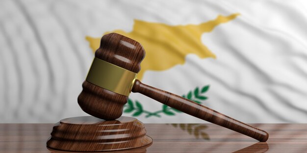 Subasta o mazo de juez en Chipre ondeando bandera fondo 3d ilustración