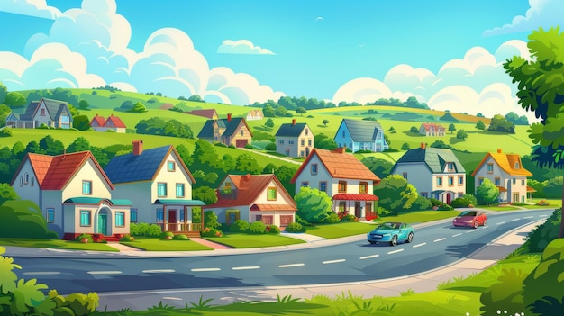 Subdivisión moderna de dibujos animados con casas familiares en fila y carruajes en la carretera Calle de campo con casas de barrio