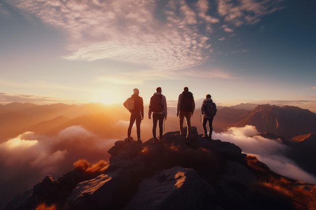 Subir a la cima de la montaña con amigos Conquistar la cima IA generada