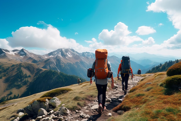 Subir a la cima de la montaña con amigos Conquistar la cima IA generada