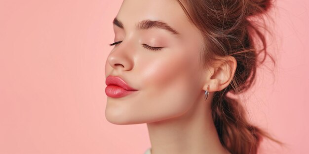 Sublime close-up de mulher elegante com lábios rosados brilhantes e maquiagem sutil