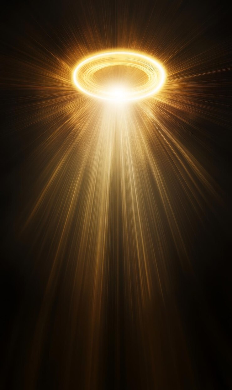 Sublime estallido de luz dorada con anillos de halo en un fondo negro puro brillo suave y rayos de luz agudos