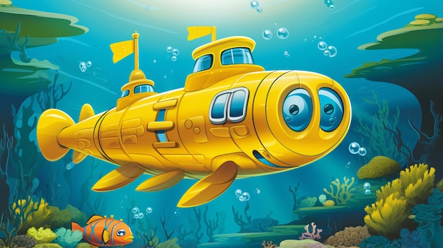 Foto submarino amarillo de dibujos animados