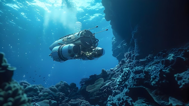 Submarino e robô de exploração subaquática navegando em recifes de coral