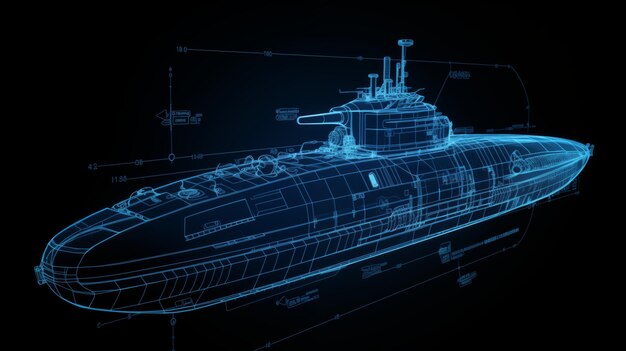 Submarino del Ejército Moderno de Marvel Tech renderizado en un elegante marco de alambre azul