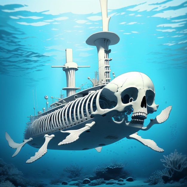 un submarino esqueleto bajo el agua