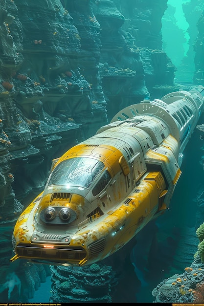 Foto submarino futurista explorando um desfiladeiro subaquático em um ambiente oceânico nebuloso