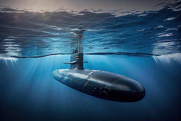 Un submarino militar El submarino está flotando bajo el agua