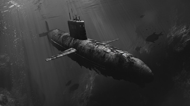 un submarino se muestra en blanco y negro