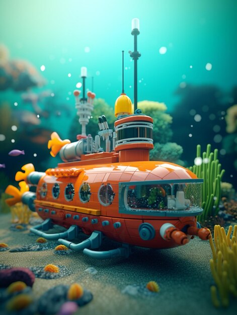 Un submarino naranja se encuentra en una escena submarina con un pez y un pez.