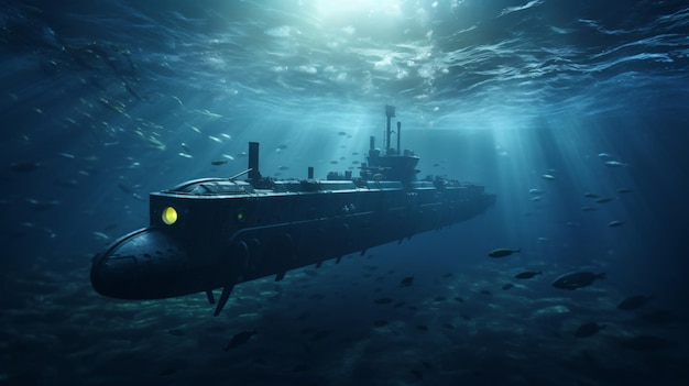 Submarino nuclear de aventura em alto mar no oceano