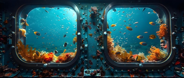 Submarino observando las profundidades oceánicas con criaturas y plantas marinas visibles a través de persianas Concepto Exploración submarina Aventuras de vida marina Observación estudios oceanográficos