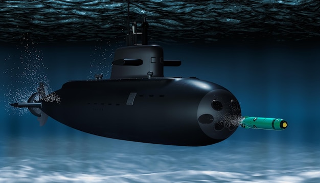 Submarino con torpedo bajo el agua renderización 3D