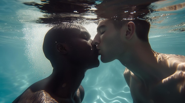 Foto submergido no amor retrato íntimo de um casal homossexual a beijar-se debaixo da superfície