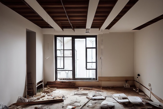 Substituição do piso durante a reforma do apartamento em quarto moderno com vigas no teto