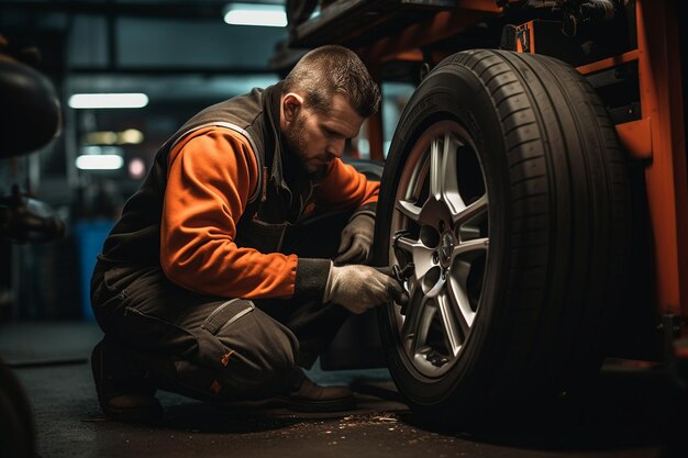 Substituir a roda do carro na oficina de reparação de automóveis Mecânico Generative Ai