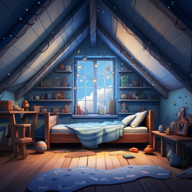 Subtle Blue Haven Um quarto de criança aconchegante e simples em um estilo de sonho da Pixar inspirado em Children's B