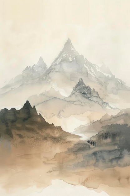 Subtle Majesty Minimalista Representación en acuarela del paisaje de Skyrim en tonos beige y gris