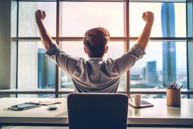 Sucesso alcançado Vista traseira do jovem em roupa casual gesticulando enquanto está sentado à mesa no escritório criativo Generative AI