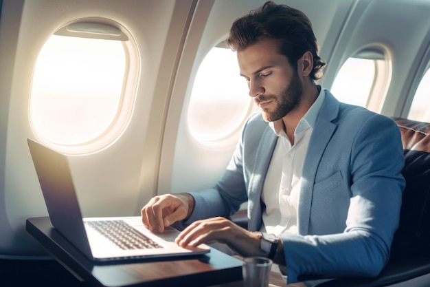 Sucesso corporativo o trabalho produtivo do laptop de um empresário em um avião