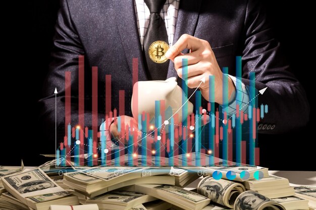 Sucesso do empresário investidor investidor segurando o gráfico de negociação de bitcoin dinheiro do investimento em criptomoeda do mercado de ações da cadeia de blocos vendendo e comprando com gráfico de dados do gráfico de preços