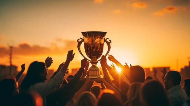 Sucesso do trabalho em equipe, realização conjunta do objetivo nos negócios e na vida A equipe vencedora está segurando o troféu nas mãos Silhuetas de muitas mãos no pôr do sol