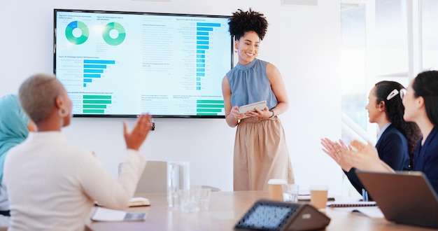 Sucesso e aplausos do seminário de mulheres de negócios com estatísticas de tablet e tela e infográfico de ppt e suporte de equipe obrigado reunião de negócios com palestrante de mulher negra e estatísticas de marketing