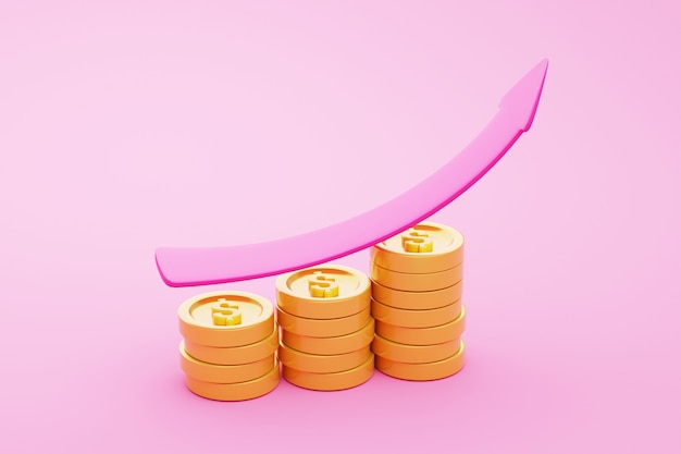 Sucesso financeiro e conceito de crescimento. setas rosa para cima e pilhas de moedas em renderização 3d de fundo rosa