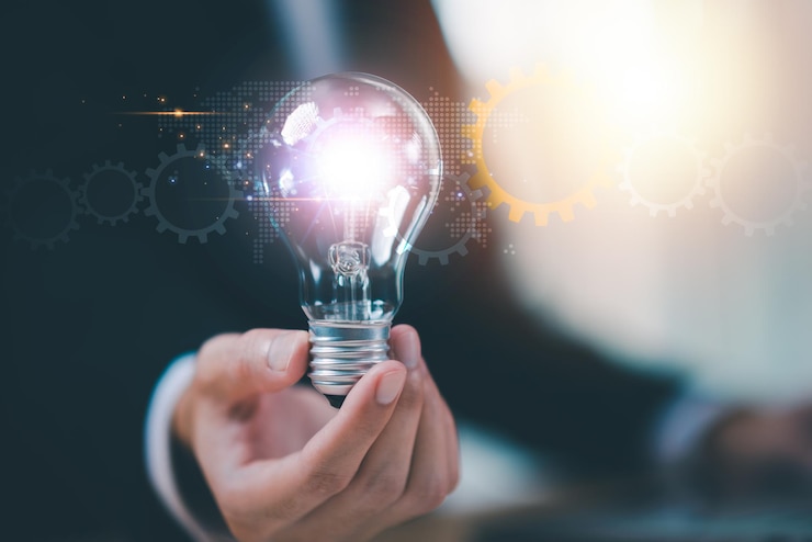 Foto suche nach lösungen mit ideen und neuen kreativen ideen durch innovation und technologie