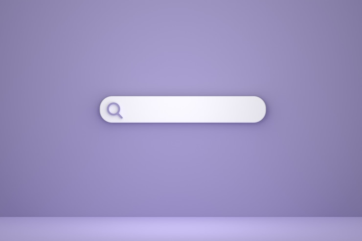 Foto suchleiste und symbolsuche 3d-rendering minimales design auf lila hintergrund