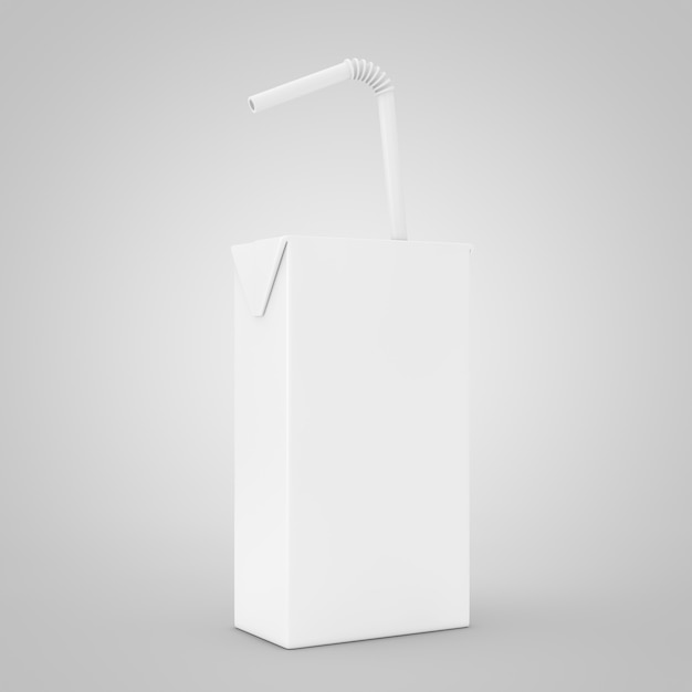 Suco branco, iogurte ou caixa de leite com canudo e espaço livre para seu design em um fundo branco. Renderização 3D