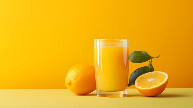 Suco cítrico espremido na hora em um copo em uma superfície de cor única