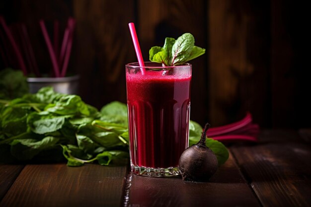 Suco de beterraba em um copo de vinho com um fundo bokeh de luzes da cidade