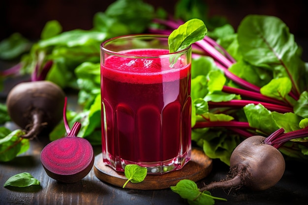 Suco de beterraba em um copo transparente com uma fatia de gengibre e um bastão de canela