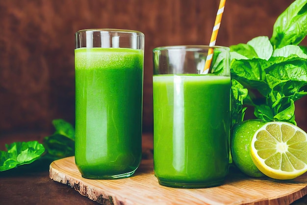 Suco de desintoxicação verde rico com fatias de limão fresco