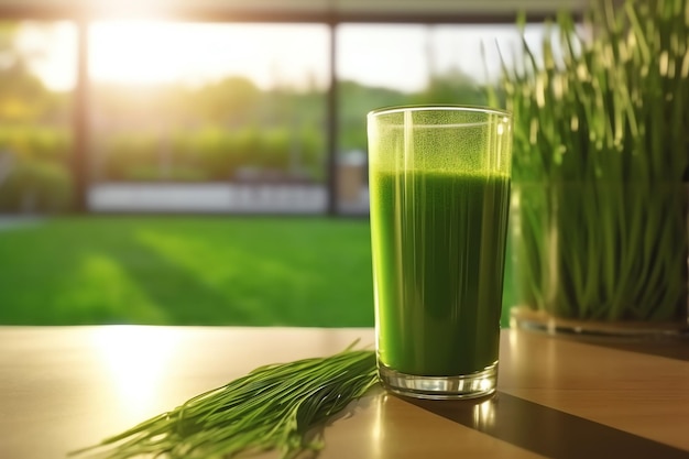 Foto suco de erva de trigo num copo alto